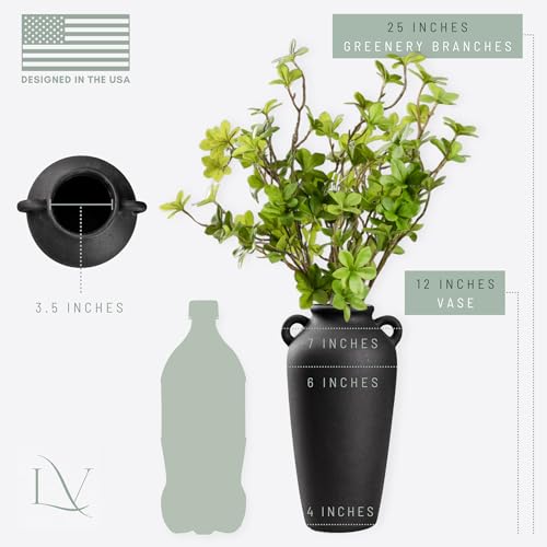 12 Inch Tall Black Ceramic Vase, with 5 Branches of 25 Inch Faux Artificial Vibrant Greenery Stems Set, Textured Minimalist Jug, Fake Stem Plants, Decorative Farmhouse, Console Table Centerpiece Decor - color: Black