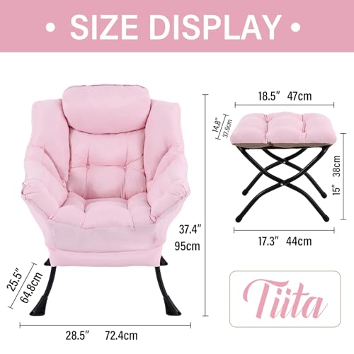 Tiita Lazy Chair with Ottoman, Pink Modern Large Accent Chair, Comfy Leisure Sofa Armchair with Ottoman, Reading Chair with Footrest for Bedroom, Living Room, Dorm Rooms, Pink - color: Peach Skin Pink