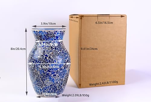 8" Deep Blue Mosaic Vase, Klein Blue Glass Flower Vase with Silver Wave Crest Design, Hand-Pasted Ocean Art Centerpiece for Modern Home, Living Room & Office - color: Blue