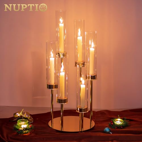 NUPTIO Hurricane Candelabra Candle Holder: 2 Pcs 6 Arm Gold Metal Candlestick Candelabras with Crystal Glass Chimney Cover 24 inch Tall Vintage Taper Candles Holders for Christmas Fireplace Decor - size: 2 Pcs