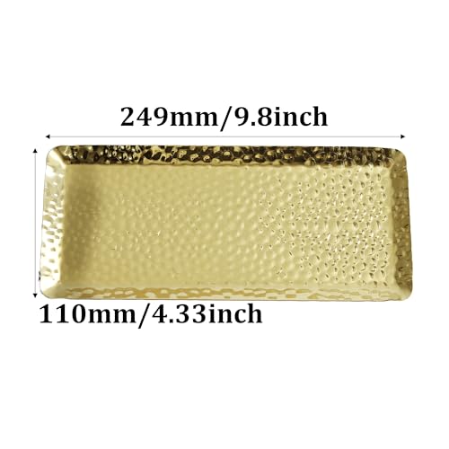 10x4inch Hammered Rectangular Tray, Stainless Steel Decorative Serving Tray, Gold Platter for Kitchen, Bathroom, Bar, Vanity Storage - color: Gold