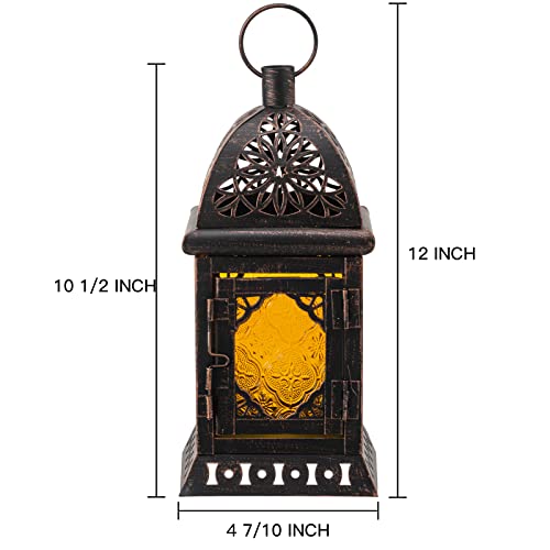 Candle Lanterns Decorative Indoor & Outdoor, 12'' Vintage Moroccan Hanging&Tabletop Lantern, Christmas Halloween Metal Candle Holder for Home Front Porch Patio Decor (Amber) - color: Amber-square - 12''h, size: Large