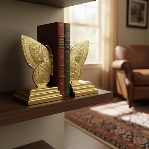 Butterfly Book Ends Decorative Bookends for Shelves, Elegant Butterfly Bookends for Bookshelf Decor, Animal Decorative Book Stoppers for Home Office - color: Butterfly - Gold