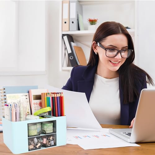 Meiikun Plastic Pen Organizer, Multifunctional Desk Organizer with 2 Drawers, 4 Compartments & a Top Tray, Pencil Holder Desktop Organizers and Accessories for Office, 7.7" x 5.5" x 3.9" (Blue) - color: 5 Compartments + 2 Drawer (Blue)
