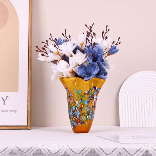 DOVDOV Handmade Glass Blown Orange Wide Mouth Irregular Vase, Modern Art Decoration for Home Office Living Room Dining Table Centerpiece