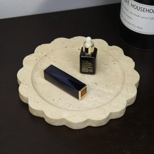 Round Marble Decorative Tray with Scalloped Edge, Luxury Natural Stone Bathroom Vanity Tray, Dresser Top Perfume Coffee Home Kitchen Sink Tray, Key Trinket Ring - color: Beige Travertine