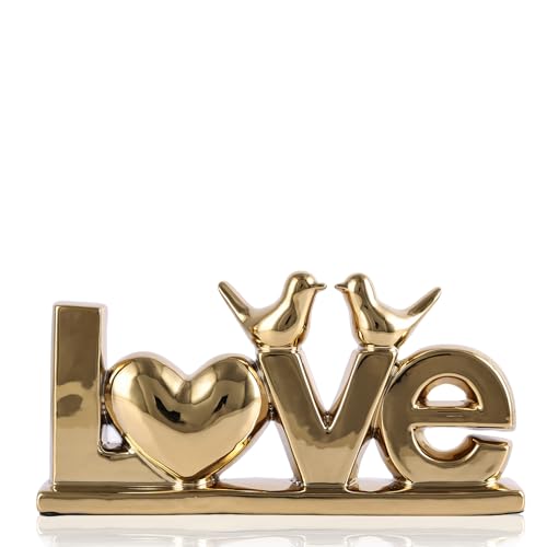 DOVDOV Gold Ceramic Love Sign Sculpture with Heart and Bird Statues, Modern Home Decor Accents for Living Room Coffee Table, TV Stand, Entryway and Shelf, Wedding or Housewarming Gift - color: Gold