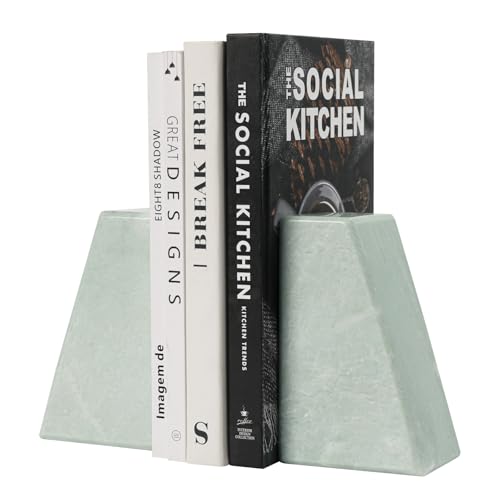 Marble Bookends for Shelves, Decorative Book Ends, 10lbs Heavy-Duty Marble Book Holders, Stone Bookshelf Decor, Light Green - color: Light Green, size: 10LB
