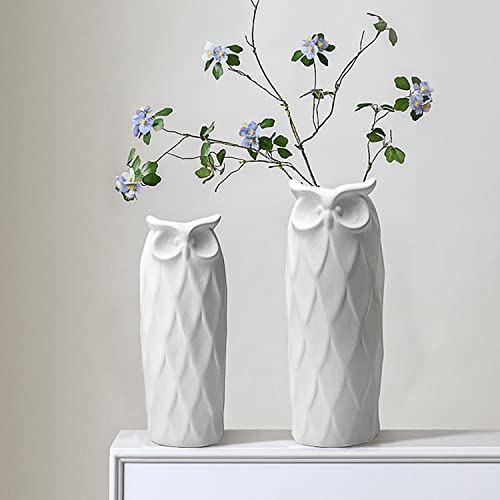 Owl Ceramic Vase Set of 2 for Living Room Bedroom 9.45'' and 8.27'' Modern White Fake Flower Plant Vases for Home Decor Office Table Shelf Fireplace Retro Rustic Farmhouse Vintage Classic Gift - color: White