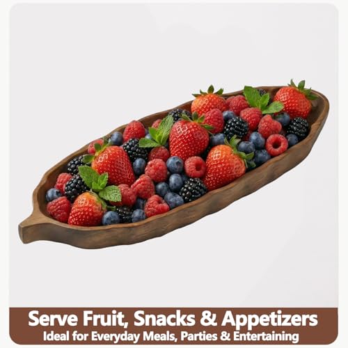 Walnut Wood Leaf Serving Tray 13” – Long Wooden Snack Platter for Appetizers, Sushi, Bread & Dessert – Handcrafted Solid South American Walnut Decorative Tray for Coffee Table, Kitchen & Dining