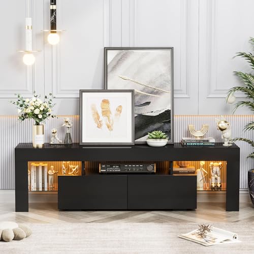 YESHOMY Modern Black LED TV Stand for Televisions up to 70 Inch with Glass Shelves and Drawer, Gaming Entertainment Center with Multiple Dynamic RGB Modes, for Livingroom, Bedroom, 60 Inch, Black - color: Black