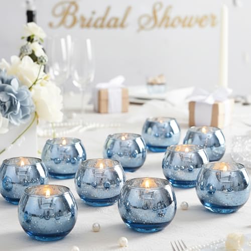 LAMORGIFT 24 Pcs Blue Votive Candle Holders- Blue Centerpieces for Tables, Round Mercury Glass Candle Holder for Wedding Decor, Bridal Shower Decorations - color: Blue