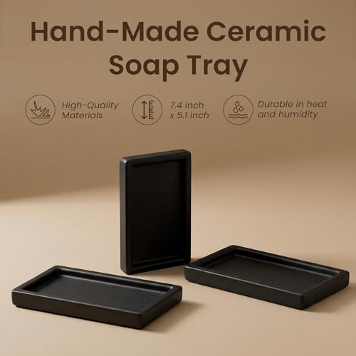 MaisoNovo Black Bathroom Tray Countertop - 7.4x5.1 inch Handcrafted Ceramic Kitchen Tray for Soap Bottles, Perfume, Jewelry - Moisture Resistant - Rectangle Bathroom Dish with 4 Anti-Slip Pads - color: Black Ceramic Tray