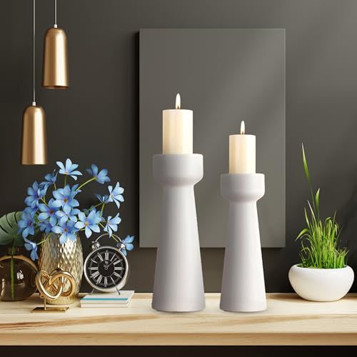 Set of 2 White Ceramic Taper Candle Holders, Matte Decorative Candlestick Holders in Small & Large Sizes for Home Decor, Dining Table, Weddings, Parties, and Aromatherapy