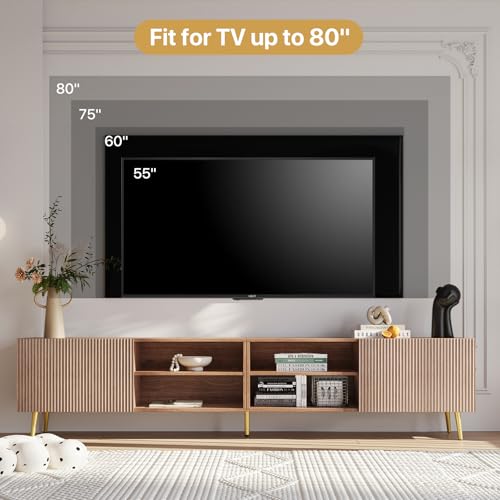 Modern 86in TV Stand for Living Room, Fluted Design Entertainment Center with Adjustable Shelves,Media TV Console Table with Storage for Bedroom,Walnut - color: Walnut