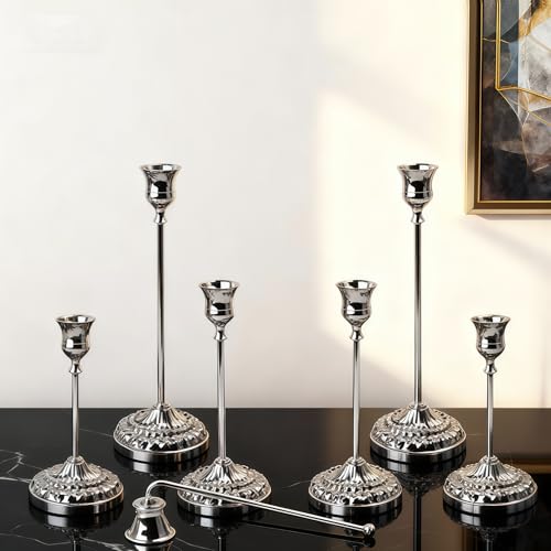 BEAHOT Silver Candle Holders, Set of 6 with Matching Candle Snuffer – Elegant Durable Non-Slip Candlestick Holders for Christmas Decorations Wedding Centerpiece, Dining Table & Home Gift Display - color: Silver 6 Pack