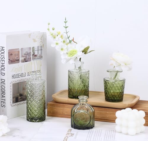 12 Pack Green Glass Bud Vase Set, Small Vintage Vases for Centerpieces, Decorative Flower Vases for Wedding Home Table Decor - color: Green, size: 12pcs