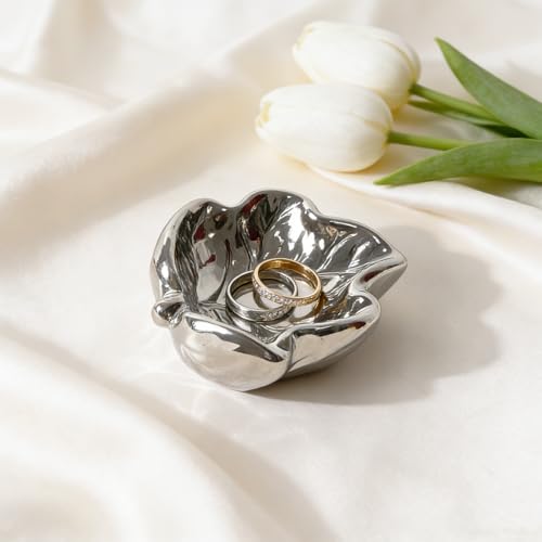 Jewelry Tray, Ceramic Leaves Jewelry Dish, Ring Holder Dish, Small Trinket Tray, Washable Key Bowl (1, Silvery) - color: Silvery