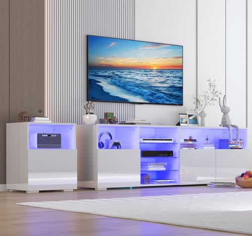 jiteentarou 79IN LED TV Stand for 75/80/85inch TV,High Glossy Modern TV Stand for Living Room,TV Entertainment Center with Adjustable Storage Shelf,RGB LED Lighting,TV Console(White) - color: White
