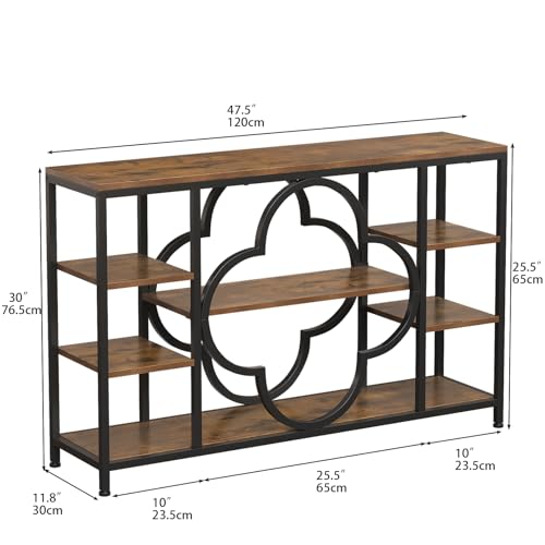 GiftGo 47" Farmhouse Console Tables for Entryway Retro Sofa Table Behind Couch Open Display Storage Shelves for Foyer, Hallway, Front Door,Living Room,Elegant Four-Leaf Clover (Rustic Brown, 47")