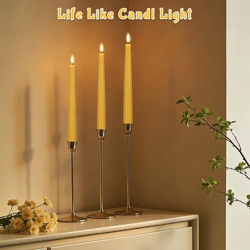 Yellow Flameless Taper Candles with Remote, 9.6 Inches Real Wax Battery Operated Candles, 3 Pack Flickering LED Candlesticks, Tall Taper Fake Candles for Home, Wedding, Party - color: Yellow