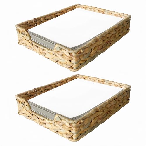 2 Pcs A4 File Tray, Natural Water Hyacinth Desk Basket, Wicker Paper Tray File Basket for Desk Organizer, Woven Letter Size Documents Trays for Office,Toilet Tank Organizer