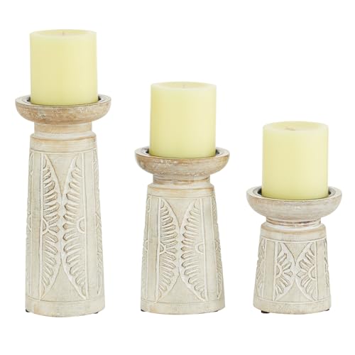 Deco 79 Wood Floral Handmade Decorative Candle Holder Intricate Carved Pillar Candle Stand, Set of 3 Candlestick Holder 10', 8', 6'H, White