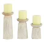 Deco 79 Wood Floral Handmade Decorative Candle Holder Intricate Carved Pillar Candle Stand, Set of 3 Candlestick Holder 10', 8', 6'H, White