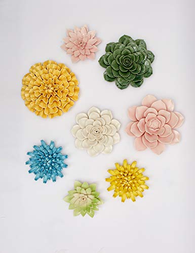 SEINHIJO Ceramic Flower Wall Decor 3D Wall Art Sculpture Modern Art Gift for Bedroom Living Room Home Office Yellow 6.7 Inch