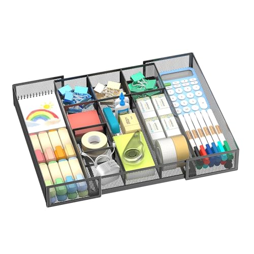 Expandable Desk Drawer Organizer Tray with 10 Adjustable Compartments, Metal Mesh Office Drawer Organizer, Versatile Desk Organizer for Home, School Supplies, Makeup Vanity & Jewelry (Black) - color: black