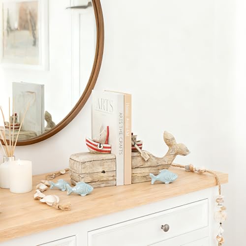 Guichifun Whale Decorative Bookends Book Holder - Distressed Finish Resin Cute Bookend Set with Sailboat Nautical Book Shelf Decor for Living Room Office Home Decoration Gift 11.8 X 3.9 X 6.5 inch - color: Wood