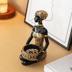 African Sitting Woman Handled Tray Resin Statue Tribal Art Figurine, Multi-Purpose Decorative Bowl Candy Dish Key Holder Jewelry Vanity Tray, Unique Housewarming Gift for Living Room Entryway Office