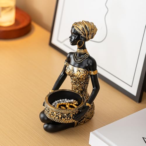 African Sitting Woman Handled Tray Resin Statue Tribal Art Figurine, Multi-Purpose Decorative Bowl Candy Dish Key Holder Jewelry Vanity Tray, Unique Housewarming Gift for Living Room Entryway Office
