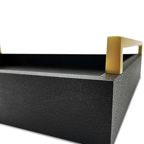 Decorative Coffee Table Tray - Shagreen Faux Leather - Ottoman Tray - Breakfast, Drinks, Liquor Serving Tray - Farmhouse to Modern - Brushed Champagne Gold Handles (Pitch Black) - color: Pitch Black