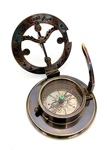 Nautical Brass Handmade Sundial Compass with Leather Box | Portable Pocket Friendly Vintage Working Compass for Home Décor, Collectors, and Gift Giving | Antique Maritime Compass Gift - color: Style 3
