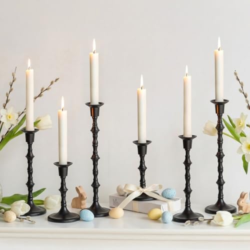 NUPTIO Candle Stick Holders for Centerpeice: Set of 6 Matte Black Taper Candlestick Holders - Bulk Antique Tall Candleholder for Easter Shabbat Table Fireplace Decor - color: Black, size: 2 sets/ 6 pcs