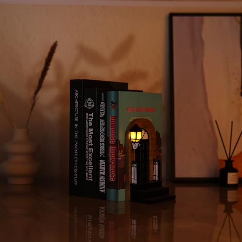 1 Pcs Unique Book End with Lighted Lantern, Vintage Decorative Book Ends for Shelves, Funky Book Holder, Rustic Book Stopper for Home, Office, and LOTR Bookshelf Decor (A)