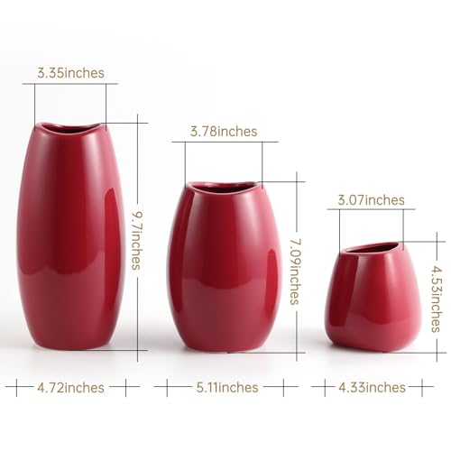 hjn Ceramic Vase Set of 3 Red Flower Vase for Home Decor, Modern Decorative Vase for Flowers Vases for Your Ideal Shelf Decor/Table/Living Room/Kitchen/Office-Red… - color: Red