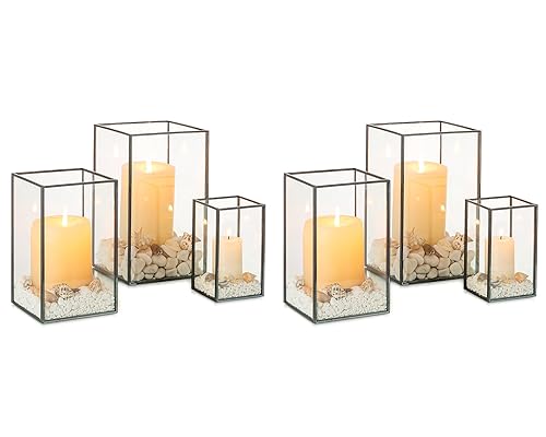 NUPTIO Hurricane Glass Candle Holders: 6 Pcs Clear Lantern Pillar Candles Holder with Black Metal Frame Modern Candle Lanterns Centerpiece for Wedding Ceremony Holiday Decoration 8.1 & 6.5 & 4.7 inch - color: Black, size: 8.1 & 6.5 & 4.7 inch H - 6 Pcs