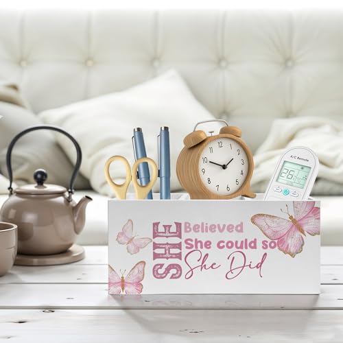 She Believed She Could Pencil Pen Holder for Desk, Inspirational Gifts for Women, Retro Coquette Butterfly Wooden Pencil Holder Organizer for Home Office Desk Accessories - color: Color-Desk accessories white 11