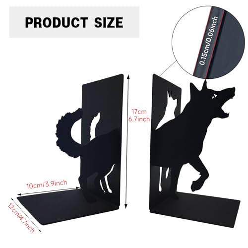 ENCIMART Wolf Book Ends Decorative for Shelves, Black Metal Bookend Supports for Heavy Books, Book Stoppers for Home Office Desktop Organizer for Men and Book Lovers Gift - color: Wolf