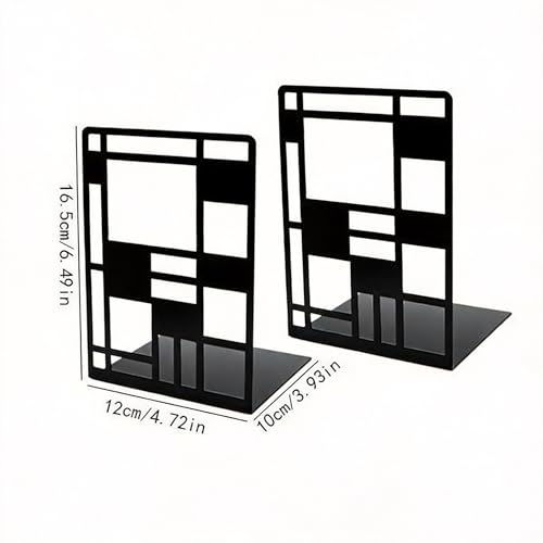 Metal Bookends for Shelves, Black Abstract Art Design Book Ends for Heavy Books, 1 Pair, 6.42x4.72x3.94 Inch, Anti-Slip Heavy Duty Book Dividers