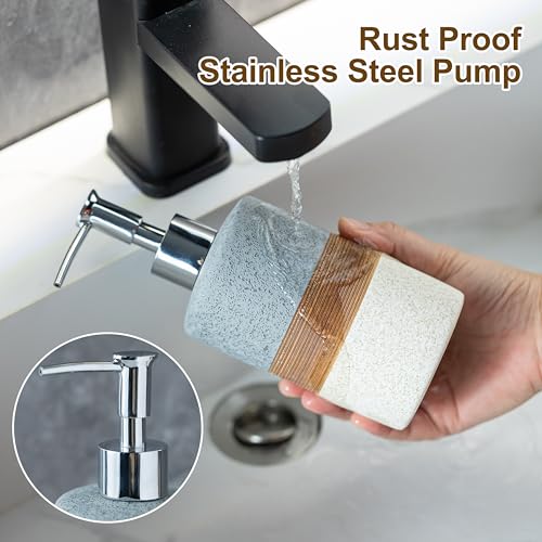 Ceramic Soap Dispenser Set(2 Pack) – Hand Soap, Dish Soap, Shampoo & Shower Soap Dispenser for Bathroom & Kitchen, Stainless Steel Pump, Includes Silicone Funnel & Diatomaceous Tray, Gray - color: Gray and White, size: 2xSoap Dispenser Set with Tray