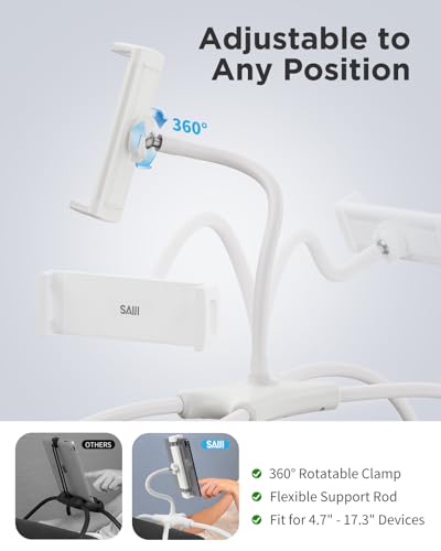 SAIJI iPad Stand, Adjustable Ergonomic Tablet Holder for Bed, Kindle Stand for Reading in Bed Fit for Tablet, Phone, Kindle, Portable Monitor, Switch and More 4.7"-17.3" Devices (White) - color: White