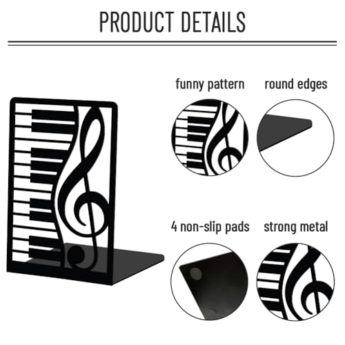 WADORN 1 Pair Piano Musical Notes Metal Decorative Bookend for Shelves, Heavy Duty Book Ends Non-Skid Books Holder Stand Black Book Support Stoppers for Music Books Desk Office Home, 5.3x4.3x7.9 Inch - color: Piano Musical Notes