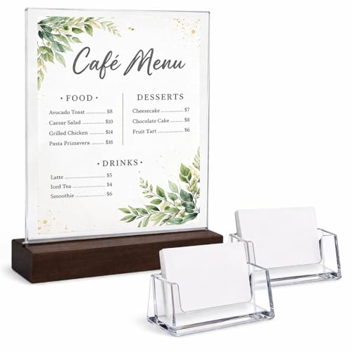 Acrylic display stands. For 11 x 8.5 brochures with 2 card holders and wooden base, ideal for displaying restaurant menus, office brochures, and business cards.