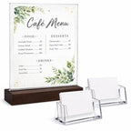 Acrylic display stands. For 11 x 8.5 brochures with 2 card holders and wooden base, ideal for displaying restaurant menus, office brochures, and business cards.