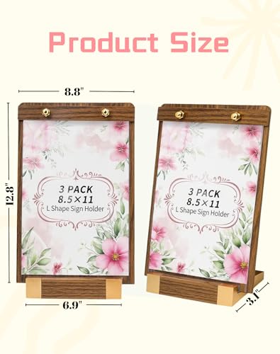 3 Pack 8.5"x11" Acrylic Sign Holder A4 with Wood-Color Base - Table Top Display Stand for Menus, Signs, Flyers, Perfect for Restaurants, Retail Stores, Conferences, Weddings, Offices