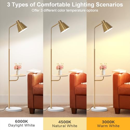 Gold Brushed Floor Lamp with Side Table for Living Room Bedroom, Modern Standing Lamp 12W LED 3-Color Dimmable 3000K/4500K/6500K, Adjustable Gooseneck Reading Light with Wood Shelf for Office Corner - color: Gold Table