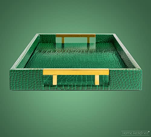 Luxury Modern Elegant 17.5"x12" Rectangle Crocodile Green Faux Leather Decorative Tray Ottoman Coffee Table Living Room Decor Kitchen Serving Tray with Gold Polished Metal Handles by Home Redefined - color: Crocodile Green/Gold